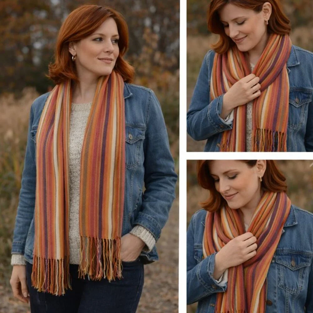 🌈 Vintage-Inspired Striped Fringe Scarf – Warm Autumn Tones – Oversized Wrap